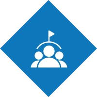 Teamwork icon with flag on blue diamond.